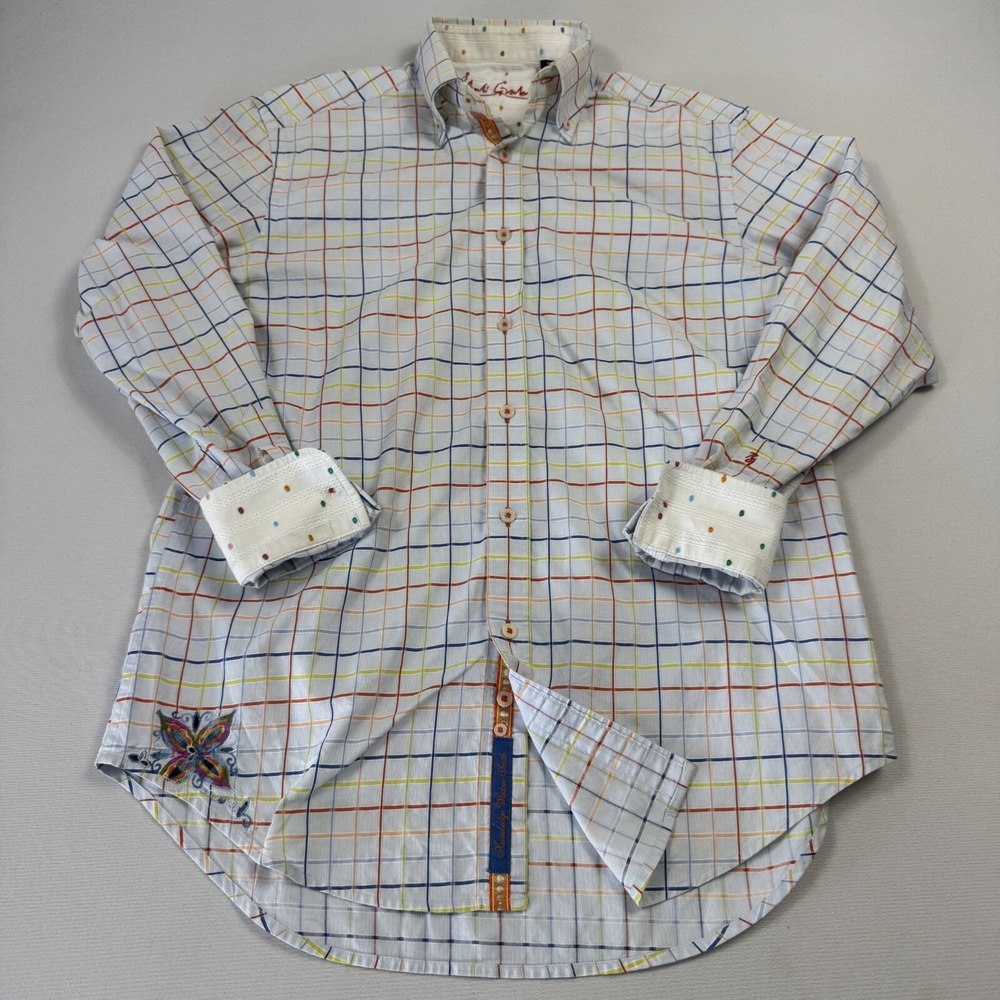 Robert Graham Mens Dress Shirt Checkered Flip Cuff Embroidered Multicolor Medium